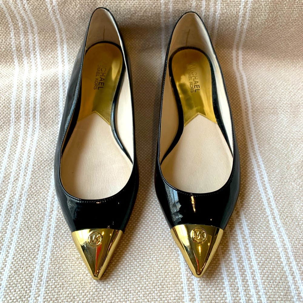 Michael Kors black patent leather flats with gold toe cap, size 8